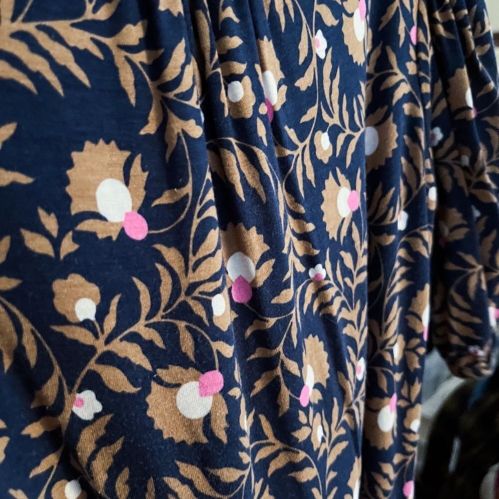 Boden Sz 6 Flora Jersey Dress Puff Sleeve Midi Modest Tie Waist Keyhole Navy - Picture 4 of 5